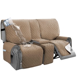 H.VERSAILTEX 100% Waterproof Reclining Love Seat with Console Slipcover 3 Piece Non Slip 2 seat Loveseat Recliner Cover Thick Soft Recliner Cover Washable(Recliner Loveseat with Console, French Oak)