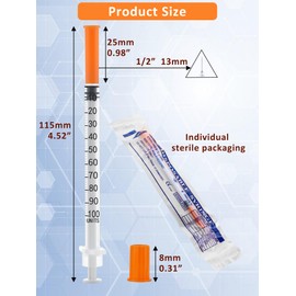 100 Pack 1ml Disposable Syringe, 29G 1cc 1/2 Inch (13mm) Lab Supplies Syringes, Individually Wrapped