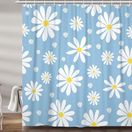 Blue Daisy Floral Shower Curtain, Cute Boho White and Blue Groovy Retro Flower Fabric Shower Curtains Set for Girls Bathroom Decorative, Aesthetic Restroom Decor Accessories with Hooks 72X72 Inch
