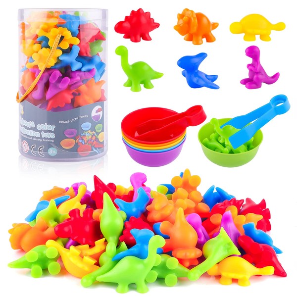 camelize Colour Sorting Toys for Toddlers, 56 pcs Counting Toys with Matching Bowl and Tweezers, Rainbow Counting Dinosaurs, Montessori Math Skills Game Educational Learning Toys for 3 4 5 Years Old