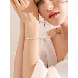 Wildari Cross Aquamarine Birthstone Charm Link Bracelet 925 Sterling Silver Cross Bracelet with March Birthstone Religious Christian Jewelry Gifts for Women Mom Her,Chain Length 7"+2" Extend