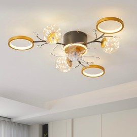 Low Profile Ceiling Fan with Lights: Modern 6-Light Sputnik Chandelier with Fan for Bedroom - Flush Mount Fandelier with Crystal for Living Room - 37" Gold Black Fan Light