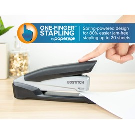 Bostitch Office Executive 3 in 1 Stapler, Includes 210 Staples and Integrated Staple Remover, One Finger Stapling, No Effort, 20 Sheet Capacity, Spring Powered Stapler, Black/Gray (INP20)