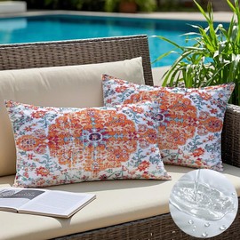 Vorysum Set of 2 Outdoor Cushion Covers, 30 x 50 cm, Boho Weatherproof Cushion Cover, Abstract Decorative Cushion, Vintage Red Summer Cushion Cover, Pattern Cushion for Garden, Sofa, Bed, Decorative