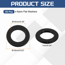 sourcing map 55Pcs M10 Nylon Flat Washers Plain Washer 10mm ID 16mm OD 1mm Thick Plastic Spacers for Screws Bolts Garden Faucet Plumbing Repair, Black