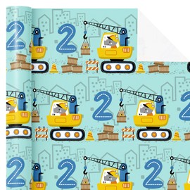 WRAPAHOLIC 2nd Birthday Wrapping Paper Roll - Mini Roll - 17 Inch x 16.5 Feet - Adorable Crane Truck Construction Wrapping Paper Perfect for Kids Boys Birthday, Baby Shower