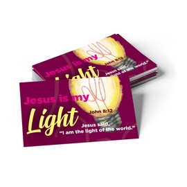 Jesus is my Light, John 8:12, Bulk Pack of 25 Affirmation Scripture Cards for Kids, Pass it On Christian Bible Verse Cards for Sunday School, Childrens Church, & Youth Group Ministry