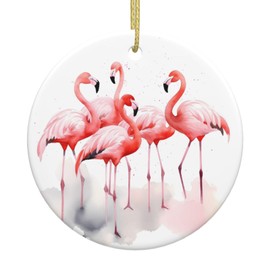 Watercolor Pink Flamingos Ceramic Hanging Ornaments, Women Bag Pendants, Car Interiors Decors, Painting Splash Christmas Tree Hangings for Holiday Party