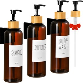 VITVITI Shampoo and Conditioner Dispenser, 3 Chamber Body Wash Shampoo Dispenser for Shower Wall, 17oz Refillable Plastic Pump Shower Bottle No Drill with Labels (Brown)