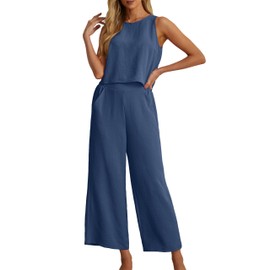 IWOLLENCE Lounge Wear Sets For Women UK 2 Piece Summer Outfits Women Sleeveless Cropped Tank Top and Wide Leg Trouser Set (Dark Blue, L)