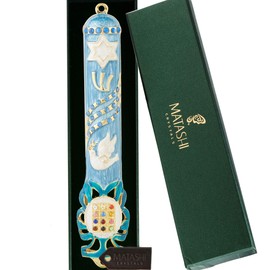 Matashi - Mezuzah de paloma azul pintada a mano de 5.75 pulgadas, adornada con detalles dorados y estrella de David con cristales, esmalte pintado a mano, decoración de pared para la inauguración de