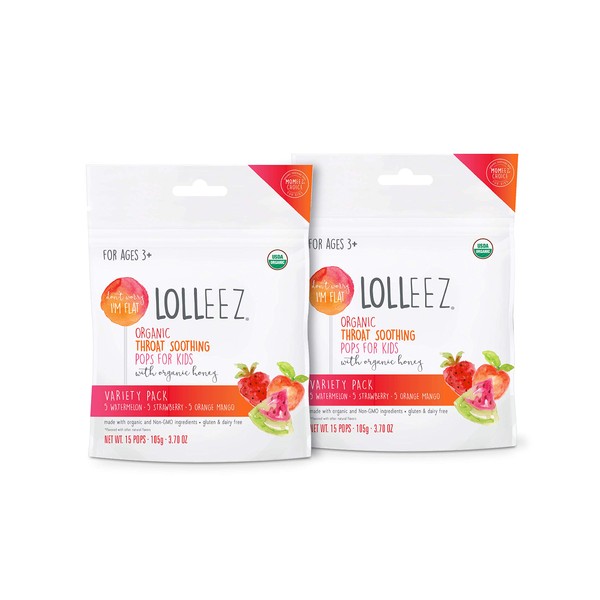 Lolleez Organic Sore Throat Soothing Pops with Honey for Kids, Perfect for Cold & Flu, Throat Relief Lollipops for Back to School, Multi Pack, 15 Count Bags (Pack of 2)