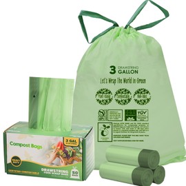 3 Gallon Compostable Trash Bags with Drawstring, Heavy Duty Extra Thick 1 Mil, 11.36 Liter, 50 Bags, Small Kitchen Food Scrap Waste Bag, US BPI and OK Compost Home Certified(3 Gallon 50 Count)