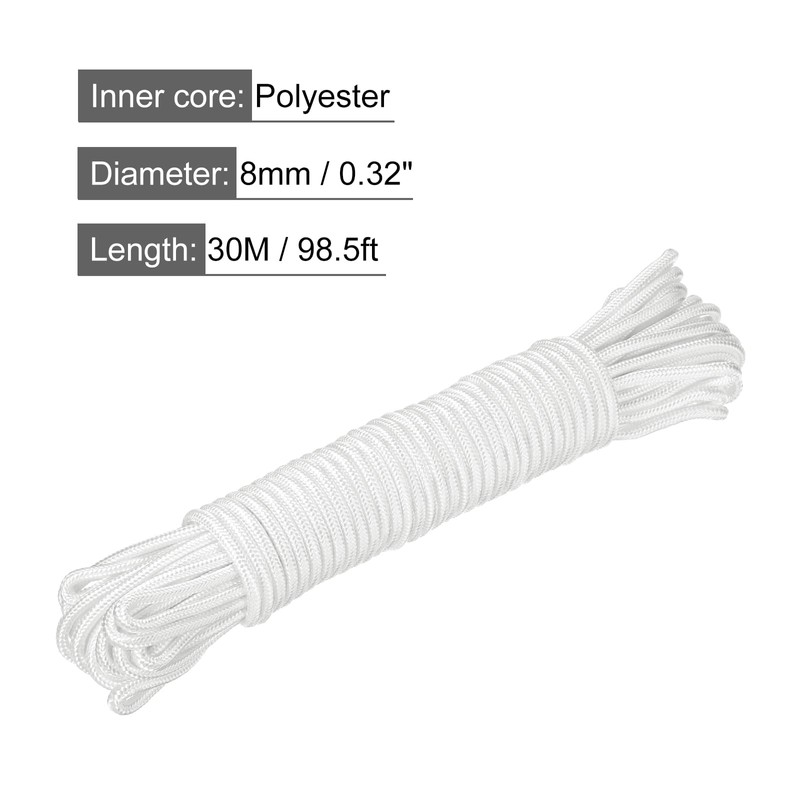 sourcing map Polypropylene Rope Braid Cord 30M/98.5ft 8mm Dia White
