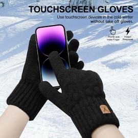 Long Keeper Winter Gloves Men Women Thicken Touchscreen Knitted Gloves Fleece Lining Thermal Warm Elastic Gloves for Driving Running Cycling (Black)