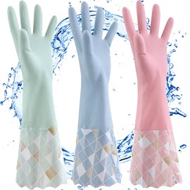 NC PVC Washing Gloves with Latex-Free, Long Cuffs, Cotton Lining, Cleaning Gloves, for Kitchen, Plates, Cleaning, Laundry, Garden Glove, 3 Pairs (Blue + Green + Pink)