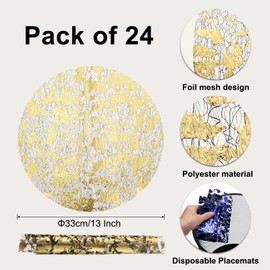 sourcing map 24pcs Disposable Placemats, 13 Inch Foil Metallic Place Mats Mesh Pressed Table Doilies, Table Centerpiece Decor for Wedding Party, Black Gold
