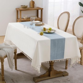 Softalker Outdoor Tablecloth Rectangle, Waterproof Linen Cotton Farmhouse Table Cloths with Tassel, Heavy Weight Wrinkle Free Fabric Table Cover for Dining/Party/Rustic - 55 x 120 Inch, Blue Stripe