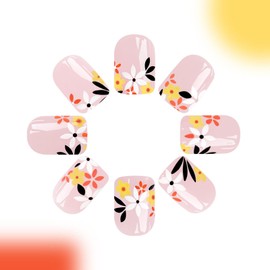 Short Press on Nails Square Fake Nails Black Leaf Flower Glue on Nails Light Pink Full Cover Acrylic Nails Glossy False Nails Press ons Artificial Stick on Nails for Women & Girls 24Pcs