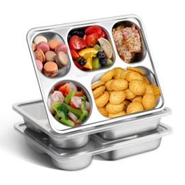 GOLDEN KEY Stainless Steel Snack Containers, 3-Pack Snack Bento Boxes with 5 Compartments and Lids, Stainless Steel Bento Box for Kids or Adults, Food Storage Container for School, Home, and Travel