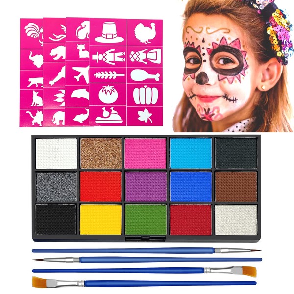 Clundoo Children's Make-Up Set, 15 Colours Face Paint for Children and Adults, Make-Up Colours Makeup Palette with 4 Brushes and 40 Tattoo Templates for Masquerade, Halloween, Carnival, Christmas