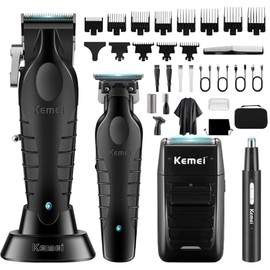 KEMEI Professional Hair Clippers for Men, Cordless Barber Clipper Beard Trimmer Foil Shaver Nose Eyebrow Ear Trimmer Set, USB Charging Complete Electric Hair Cutting Kit with 11 Guide Combs