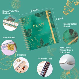 CAGIE Planner 2025-2026, 18 Months Jul 2025 - Dec 2026 Calendar Weekly Monthly Agenda, 8.3 x 9.3 Inch, Green Spiral Bound Planner, Monthly Tabs, Elastic Closure, Stickers
