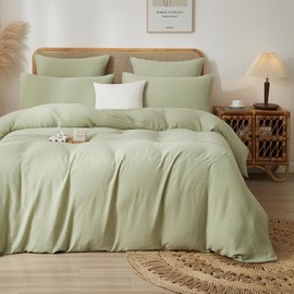 Luowei Muslin Bed Linen 135 x 200 cm Cotton Green Light Green Bed Linen Set Cotton Linen Touch Oeko-Tex Certified Duvet Cover for Friend Family Gift with Pillowcase 80 x 80 cm