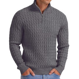 Askdeer Men's Quarter-Zip Sweater Mock Turtleneck Cable Knit Pullover Sweater Soft Casual Polo Sweater with Cable Pattern Dark Gray
