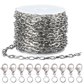 SUNNYCLUE 1 Roll 16.4 Feet/5M 4mm Paperclip Chain Set Silver Paper Clip Chain Stainless Steel Metal Connector Jump Rings Lobster Links for Jewellery Making Necklaces Extension Crafts Supplies Women