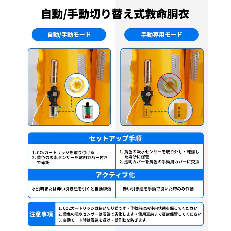 Owntop Life Jacket Self Inflating Shoulder Vest with Pockets (Black