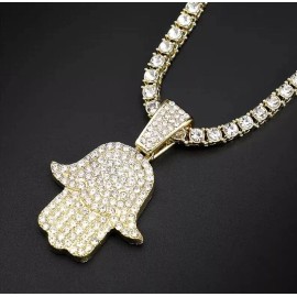 Big Dawgs Bling Silver Hand of God Hamsa Fatima Iced CZ Pendant w 20" Tennis Chain Necklace