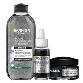 Garnier Kit SkinActive Micellar Water Purifying Gel, Serum AHA+BHA Against Imperfections and Air Cream AHA+BHA Mattifying Cream with Charcoal, Cleansed and Even Skin 400ml + 30ml + 50