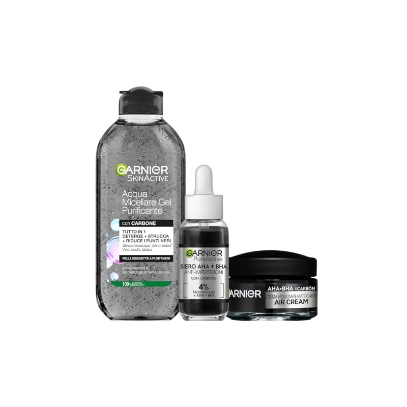 Garnier Kit SkinActive Micellar Water Purifying Gel, Serum AHA+BHA Against