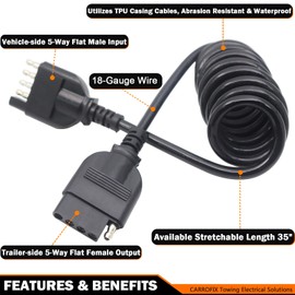 CARROFIX Truck 5 Way Flat Trailer Wiring Connector Flexible Coiled Cable Extension Harness with 5 Pole Male & Female Connector Use Length 35"