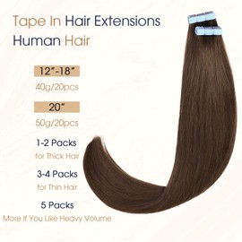 LADY MIRANDA Tape in Hair Extensions Human Hair 100% Remy Hair Dark Brown Hair Extensions 20 Inch 20 Pcs 50g/pack Tape in Hair Extensions Long Lasting Tape in Extensions (2#, 20 Inch)