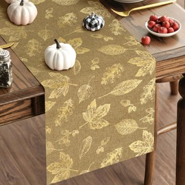 Glitter Gold Maple Leaves Autumn Table Runner Polyester Kitchen Dining Table Decorations Seasonal Fall Table Runner for Thanksgiving Autumn Home Party Decor 28x275 cm