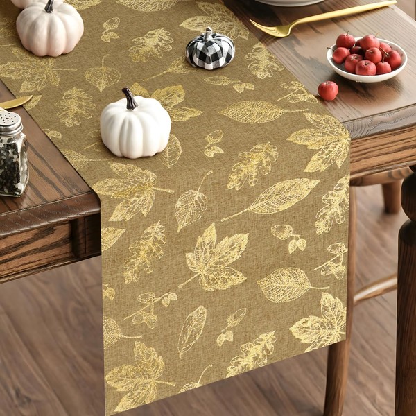 Glitter Gold Maple Leaves Autumn Table Runner Polyester Kitchen Dining