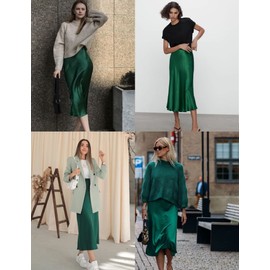 Zeagoo Women's Satin Skirt, Long High-Waisted Skirt, Elegant Silk Midi Skirt, Autumn/Winter Midi Business Skirt with Zip, dark green