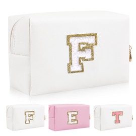 Bolsa de maquillaje con parche inicial personalizada, bolsa de chenilla con cierre, Color1-Blanco-F