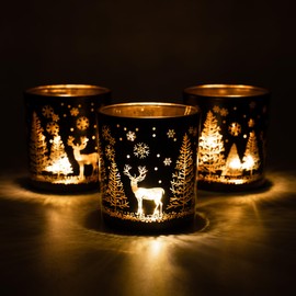 Toptime Votive Candle Holders, Black and Gold Glass Tealight Candle Holder Set of 3, Christmas Candle Holder with Elk, Xmax Tree, Snowflake Pattern, Table Canterpieces for New Year Party Decor