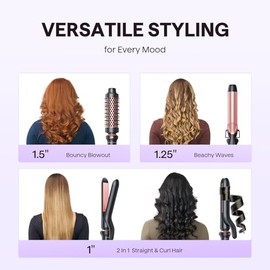 Wavytalk 3 in 1 Curling Wand Set, Multi Curl, Curling Iron Set with Heated Round Brush, Flat Iron Hair Straightener, 1 1/4 inch Curling Iron, Dual Voltage Hair Curler