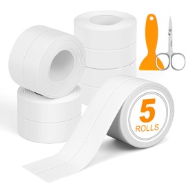 White Caulk Tape,5 Rolls of PVC Caulk Tape Waterproof Self Adhesive, Sealing Caulk Strip for Toilet, Bathtub, Kitchen, Countertop,Sink,Wall Tile Edge Peel and Stick Caulk Sealing Tool (1.5" x 10 Ft).