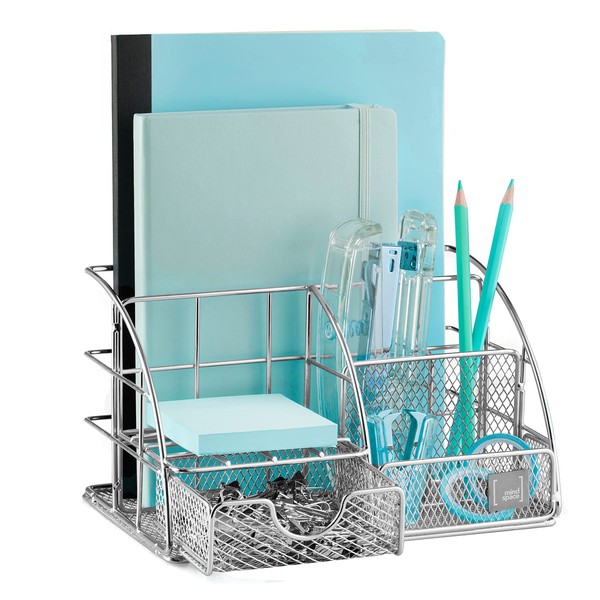 Mindspace Small Office Organizer for Desk Organization - Mesh Desk Organizer with Sliding Drawer + Paper Clips, Binder Clips - 5 Compartment Desk Caddy Organizer | The Wire Collection, Chrome