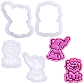 BAKERLOGY Mini Baby Lion and Elephant Cookie Cutter and Stamp Set (2") – Cute Safari Animal Embosser for Jungle-Themed Bakes, Fondant Tool for Baby Shower and Kids’ Party Treats