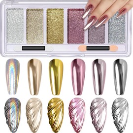 Gold Silver Chrome Nail Powder, Metallic Mirror Effect Pink Light Purple Champagne Chrome Powder for Nails, Unicorn Iridescent Holographic Nail Pigment Glitter Dust for Nail Art Decoration