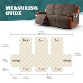 Ruaozz Waterproof Recliner Sofa Covers, 1-Piece Couch Covers for Reclining Couches Reclining Couch Cover Washable Furniture Protector with Elastic Straps Pocket for Kids Pets (Brown, 3 Seater)