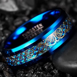 Vakki 8mm Mens Celtic Dragon Tungsten Carbide Wedding Band Blue Carbon Fiber Engagement Ring Size 14