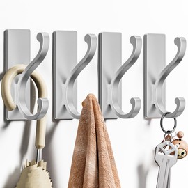 Qiuzido 4 Pack Coat Hooks for Hanging - Silver Self Adhesive Hooks Wall Mount for Clothes, Towel and Robe, Sticky Hooks for Door, Kitchen, Bathroom, Shower, Rental Houses, Hold 10lbs.