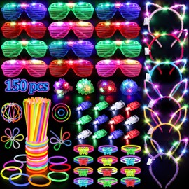 TSDATOWR 150PCS Glow in the Dark Party Supplies for Kids Adults, Light Up Party Favors with Light Up Glasses, Headband, Rings, 100 Glow Sticks Bulk Party Pack DIY Glow Necklaces Bracelets, Neon Party Supplies